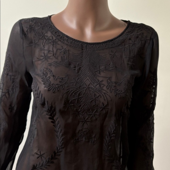 Ella Moss longsleeve blouse top shirt silk embroidered sheer black size XS - Picture 2 of 11